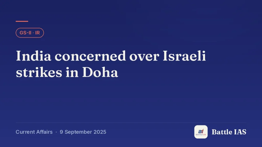 Battle IAS current affairs title card: India concerned over Israeli strikes in Doha (GS2 · IR, 9 September 2025)