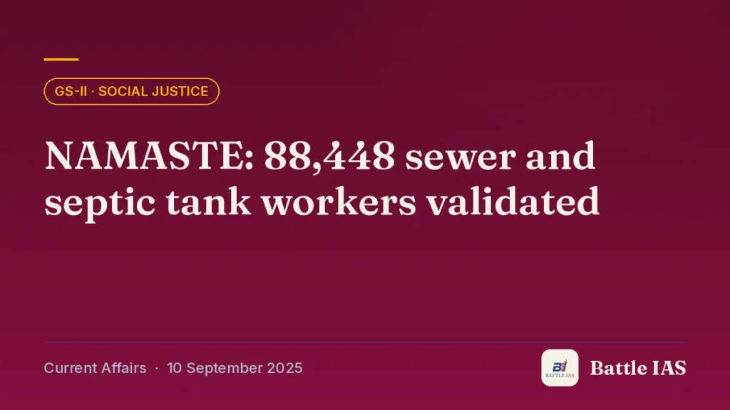 Battle IAS current affairs title card: NAMASTE: 88,448 sewer and septic tank workers validated (GS2 · Social justice, 10 September 2025)