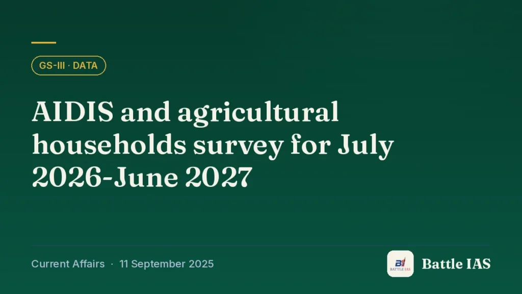 Battle IAS current affairs title card: AIDIS and agricultural households survey for July 2026-June 2027 (GS3 · Data, 11 September 2025)