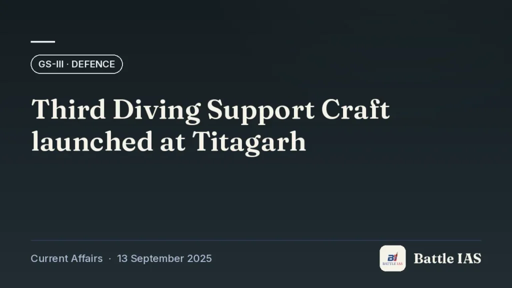 Battle IAS current affairs title card: Third Diving Support Craft launched at Titagarh (GS3 · Defence, 13 September 2025)