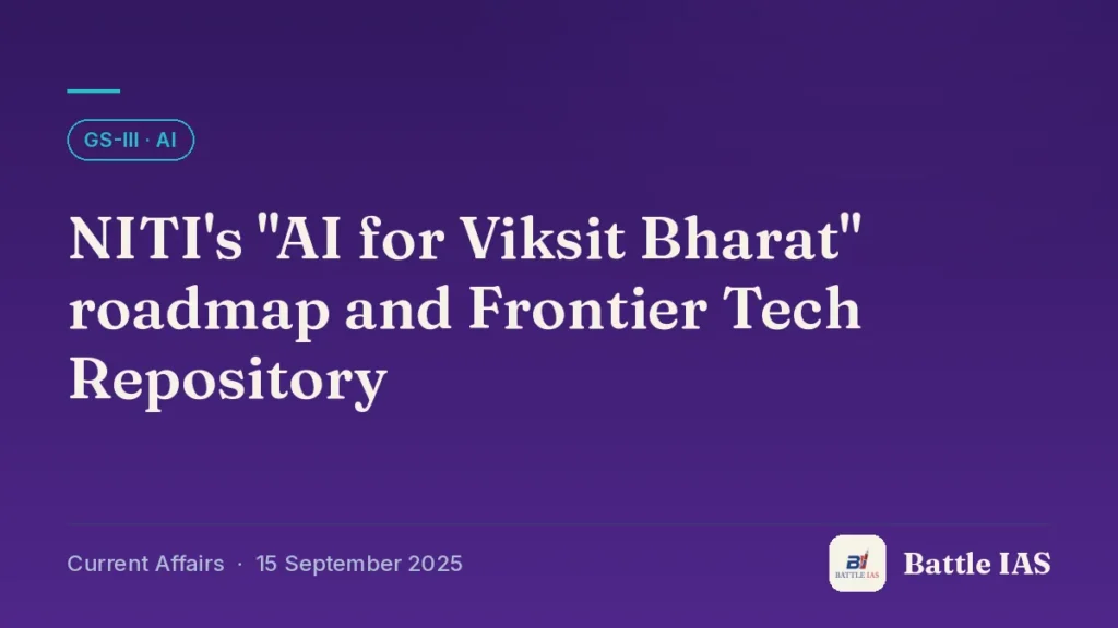 Battle IAS current affairs title card: NITI's "AI for Viksit Bharat" roadmap and Frontier Tech Repository (GS3 · AI, 15 September 2025)