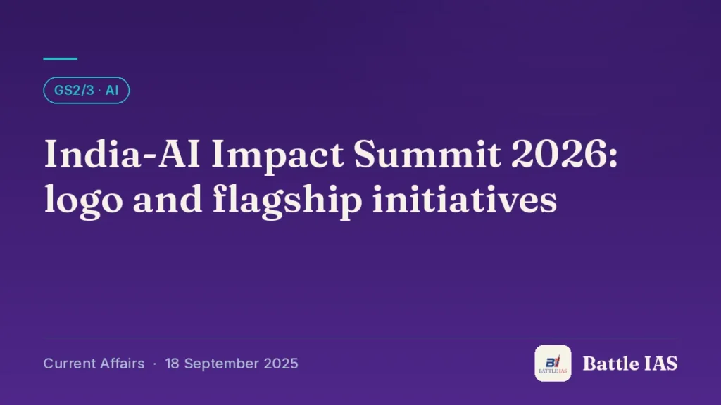 Battle IAS current affairs title card: India-AI Impact Summit 2026: logo and flagship initiatives (GS2/3 · AI, 18 September 2025)