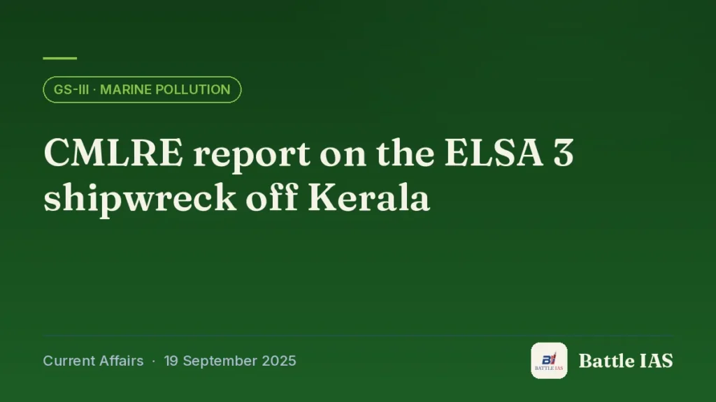 Battle IAS current affairs title card: CMLRE report on the ELSA 3 shipwreck off Kerala (GS3 · Marine pollution, 19 September 2025)