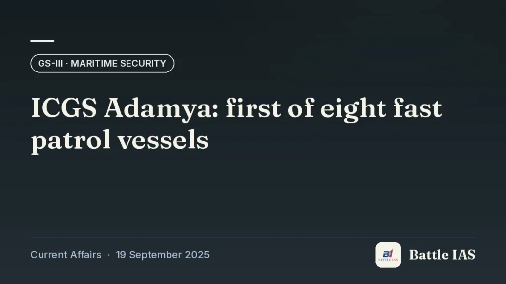 Battle IAS current affairs title card: ICGS Adamya: first of eight fast patrol vessels (GS3 · Maritime security, 19 September 2025)