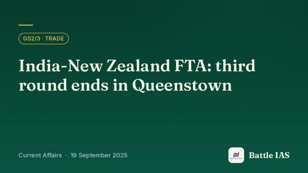 Battle IAS current affairs title card: India-New Zealand FTA: third round ends in Queenstown (GS2/3 · Trade, 19 September 2025)