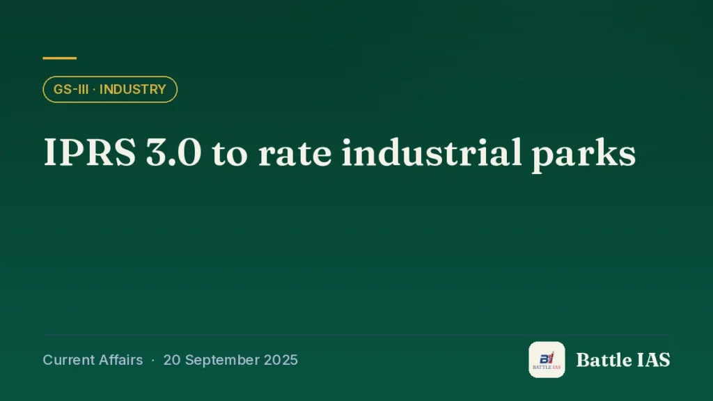 Battle IAS current affairs title card: IPRS 3.0 to rate industrial parks (GS3 · Industry, 20 September 2025)
