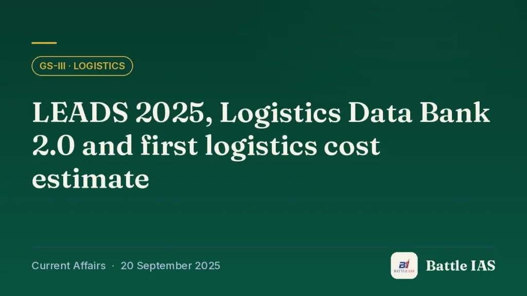Battle IAS current affairs title card: LEADS 2025, Logistics Data Bank 2.0 and first logistics cost estimate (GS3 · Logistics, 20 September 2025)