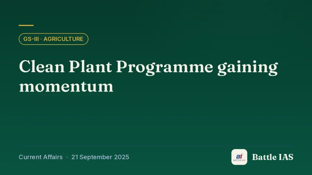 Battle IAS current affairs title card: Clean Plant Programme gaining momentum (GS3 · Agriculture, 21 September 2025)