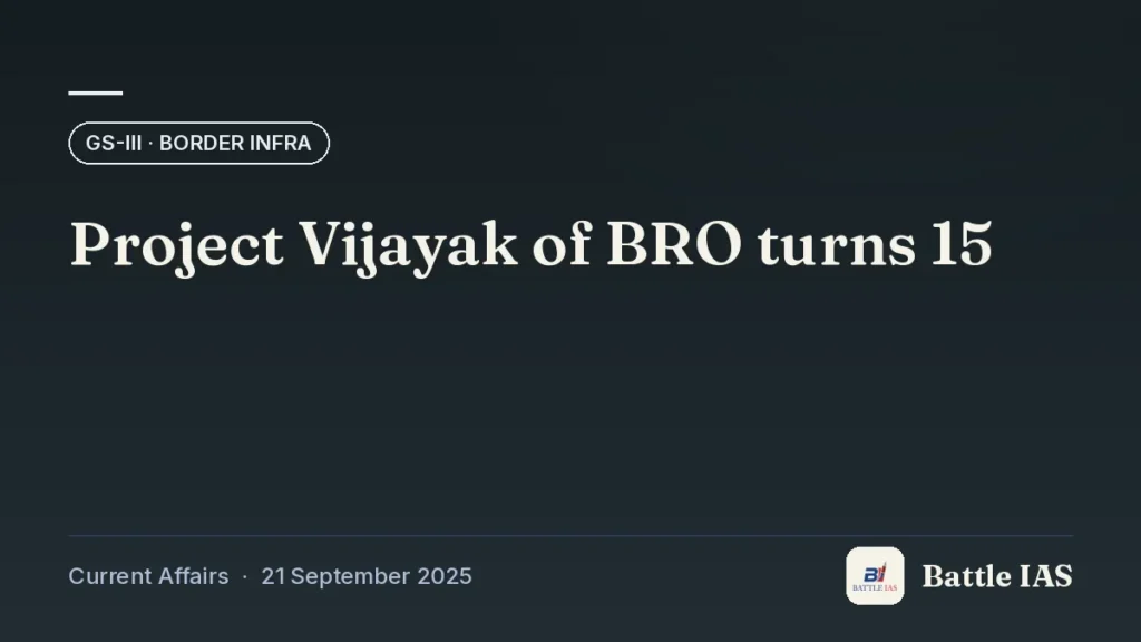 Battle IAS current affairs title card: Project Vijayak of BRO turns 15 (GS3 · Border infra, 21 September 2025)