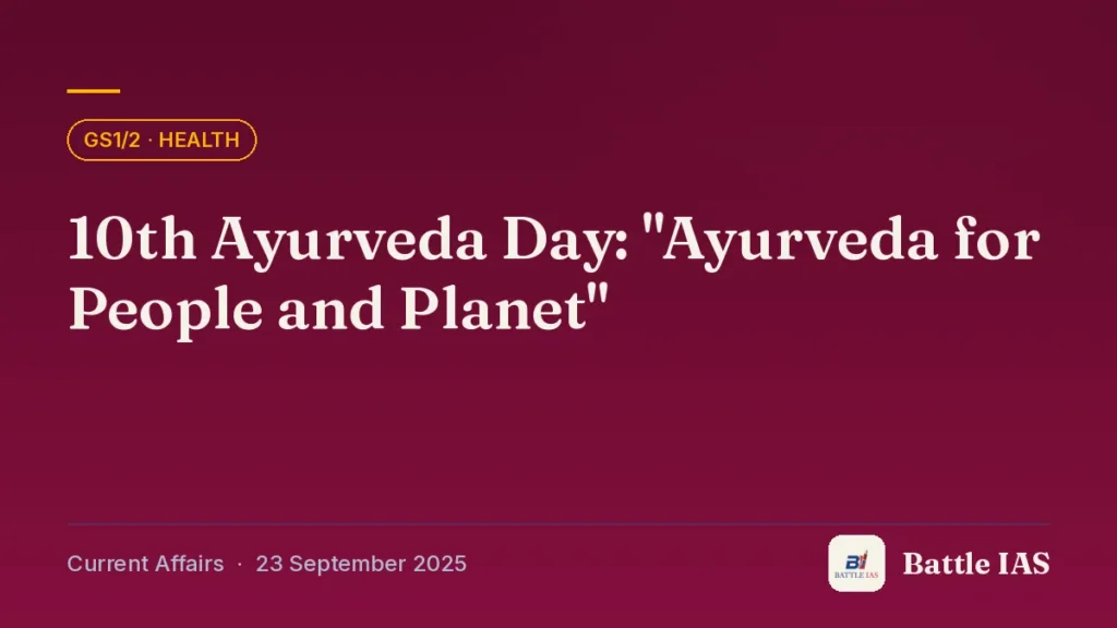 Battle IAS current affairs title card: 10th Ayurveda Day: "Ayurveda for People and Planet" (GS1/2 · Health, 23 September 2025)