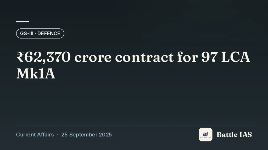 Battle IAS current affairs title card: ₹62,370 crore contract for 97 LCA Mk1A (GS3 · Defence, 25 September 2025)
