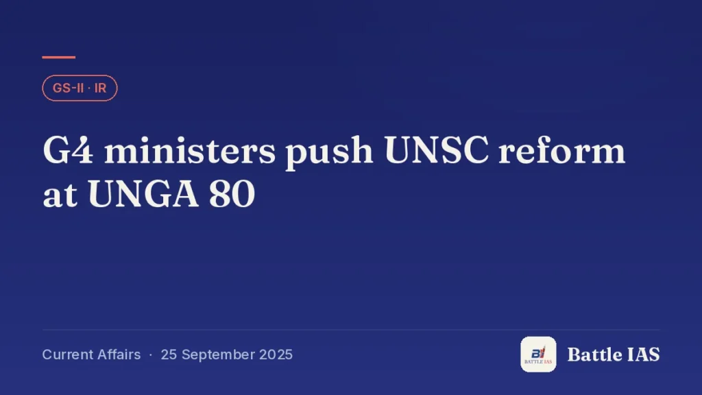 Battle IAS current affairs title card: G4 ministers push UNSC reform at UNGA 80 (GS2 · IR, 25 September 2025)