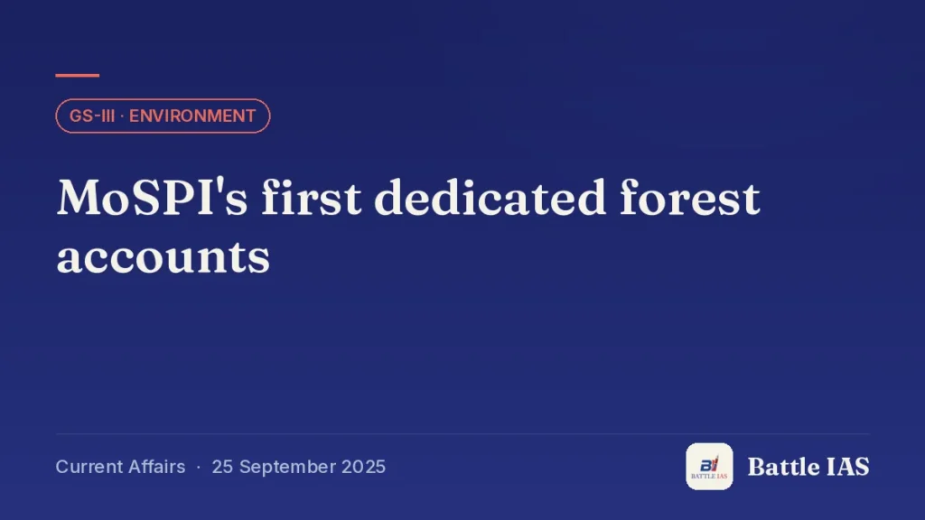 Battle IAS current affairs title card: MoSPI's first dedicated forest accounts (GS3 · Environment, 25 September 2025)