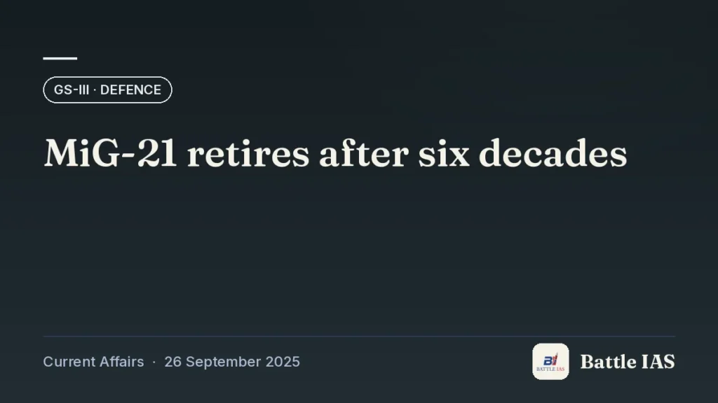 Battle IAS current affairs title card: MiG-21 retires after six decades (GS3 · Defence, 26 September 2025)