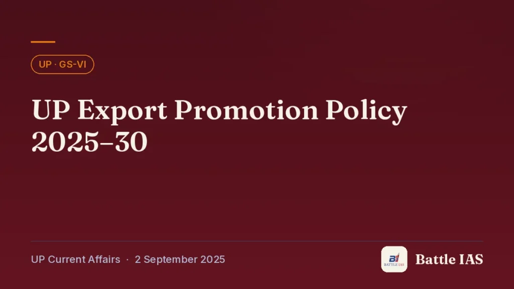 Battle IAS UP current affairs title card: UP Export Promotion Policy 2025–30 (, 2 September 2025)