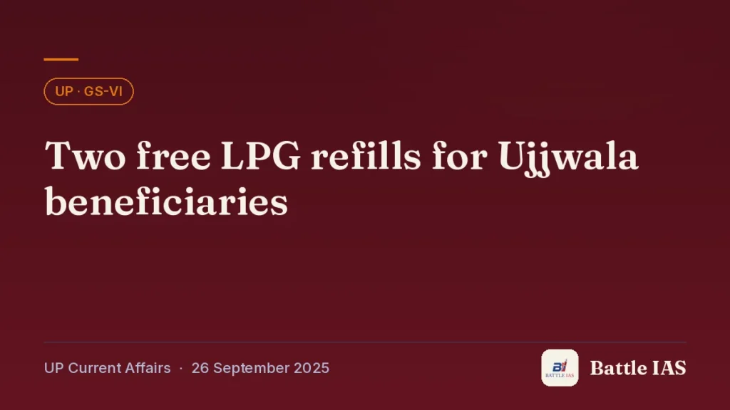 Battle IAS UP current affairs title card: Two free LPG refills for Ujjwala beneficiaries (, 26 September 2025)