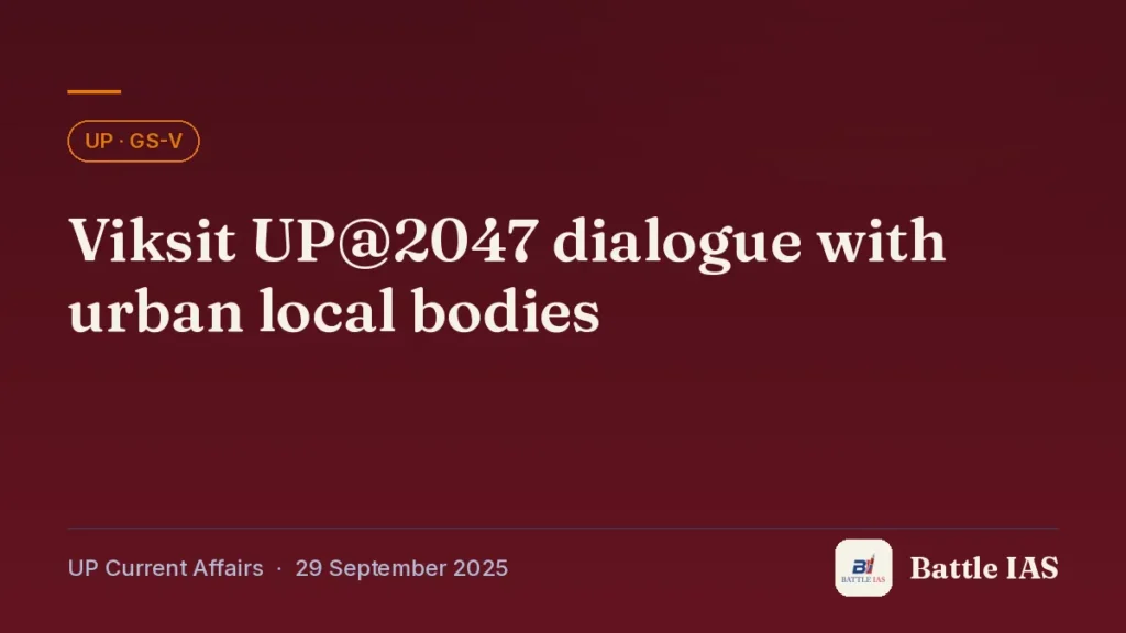Battle IAS UP current affairs title card: Viksit UP@2047 dialogue with urban local bodies (, 29 September 2025)