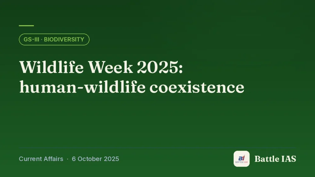 Battle IAS current affairs title card: Wildlife Week 2025: human-wildlife coexistence (GS3 · Biodiversity, 6 October 2025)