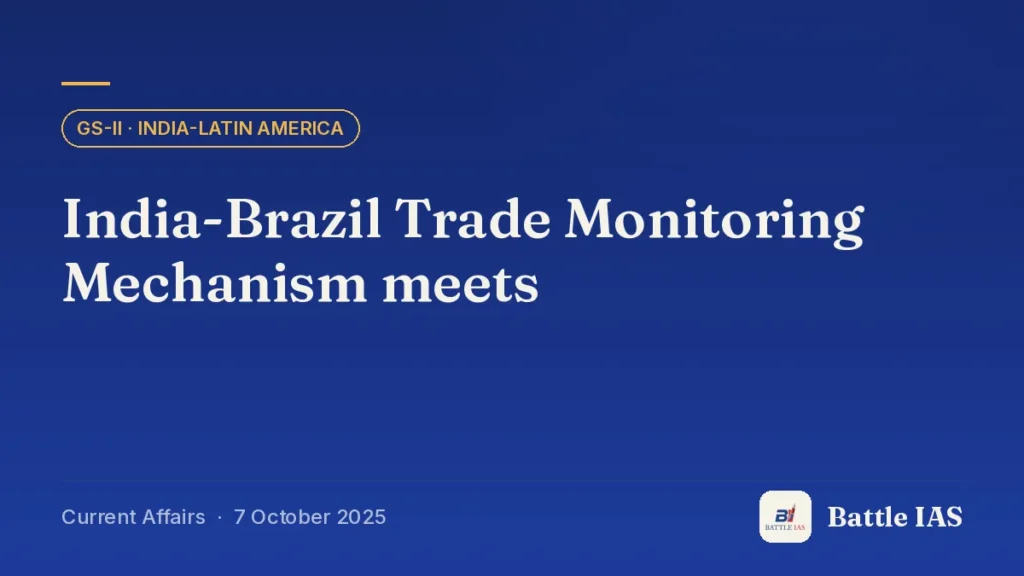 Battle IAS current affairs title card: India-Brazil Trade Monitoring Mechanism meets (GS2 · India-Latin America, 7 October 2025)