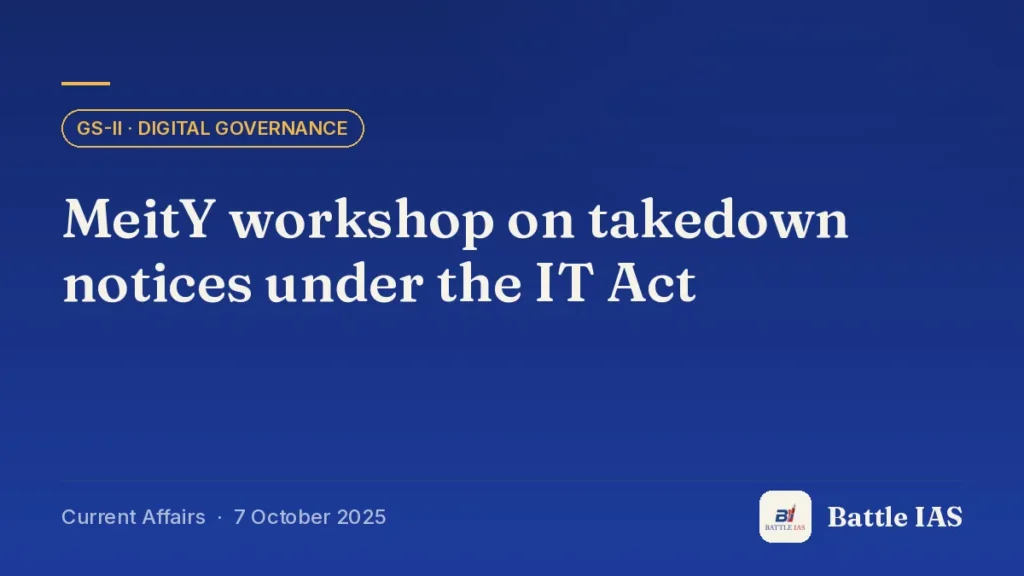 Battle IAS current affairs title card: MeitY workshop on takedown notices under the IT Act (GS2 · Digital governance, 7 October 2025)