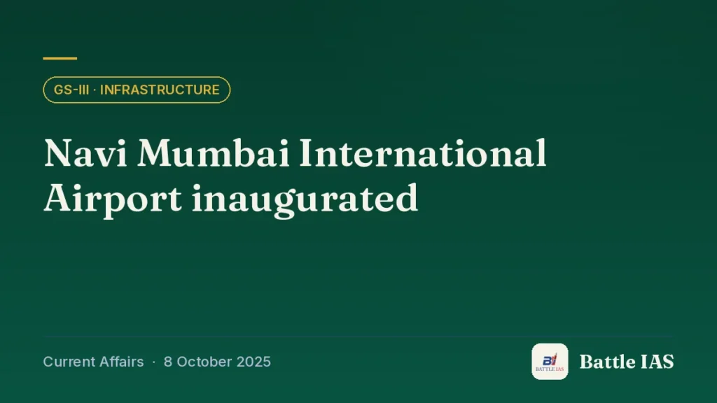 Battle IAS current affairs title card: Navi Mumbai International Airport inaugurated (GS3 · Infrastructure, 8 October 2025)