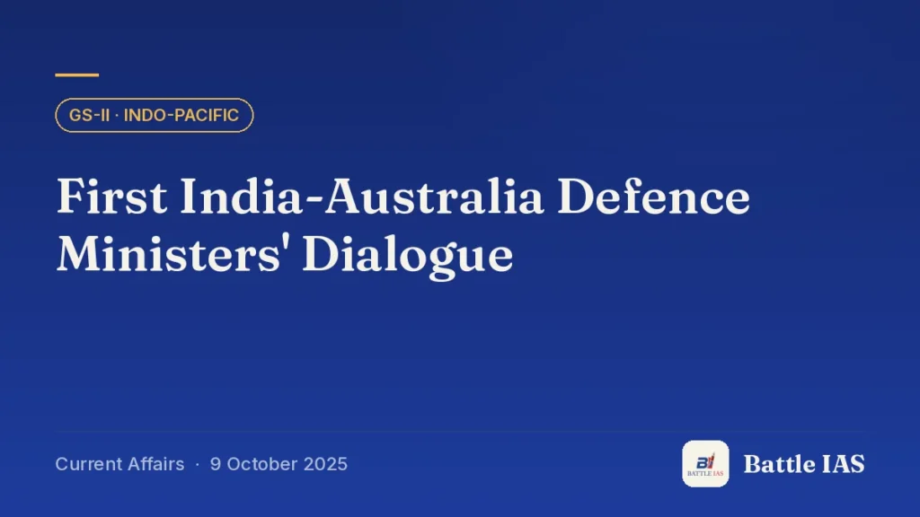 Battle IAS current affairs title card: First India-Australia Defence Ministers' Dialogue (GS2 · Indo-Pacific, 9 October 2025)