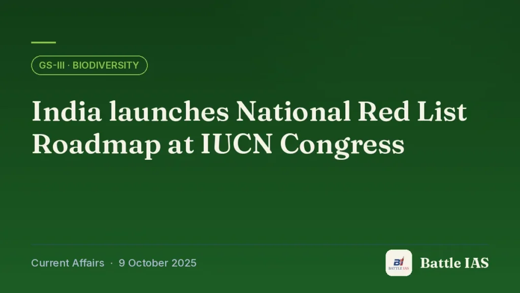 Battle IAS current affairs title card: India launches National Red List Roadmap at IUCN Congress (GS3 · Biodiversity, 9 October 2025)