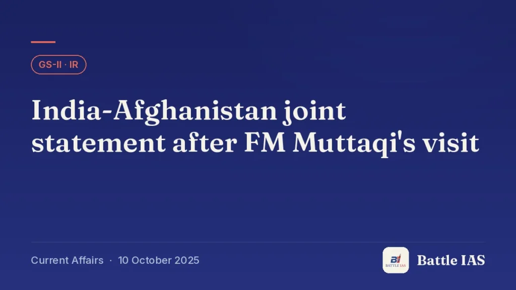 Battle IAS current affairs title card: India-Afghanistan joint statement after FM Muttaqi's visit (GS2 · IR, 10 October 2025)
