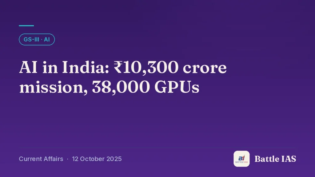 Battle IAS current affairs title card: AI in India: ₹10,300 crore mission, 38,000 GPUs (GS3 · AI, 12 October 2025)