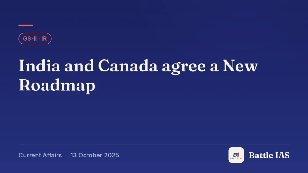 Battle IAS current affairs title card: India and Canada agree a New Roadmap (GS2 · IR, 13 October 2025)