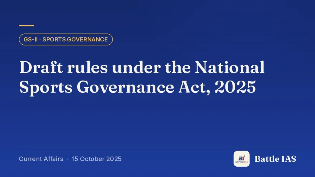 Battle IAS current affairs title card: Draft rules under the National Sports Governance Act, 2025 (GS2 · Sports governance, 15 October 2025)