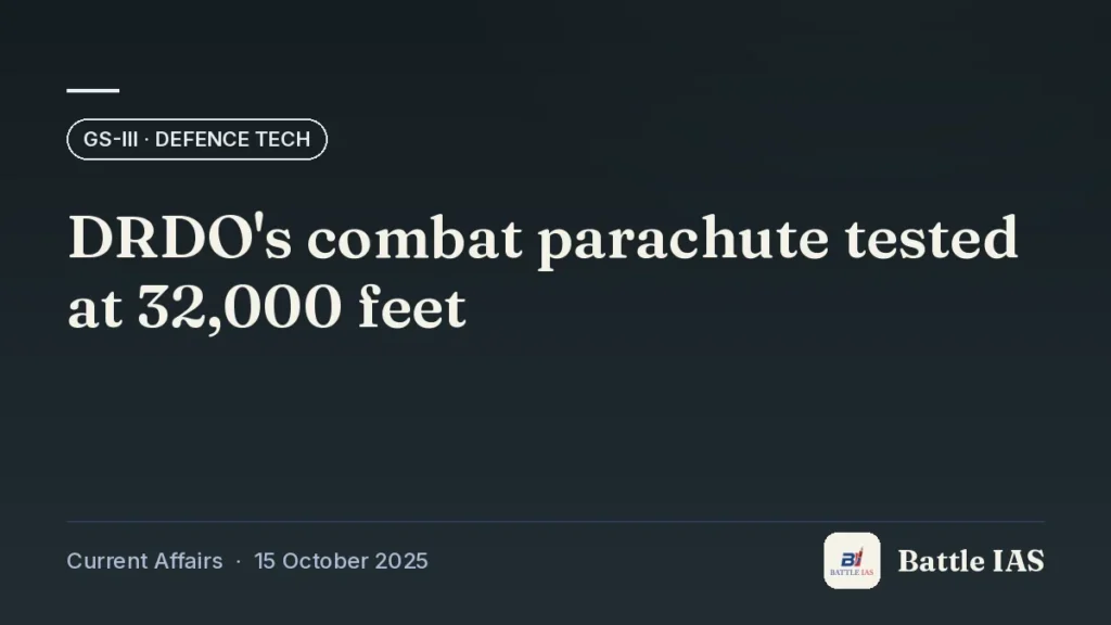 Battle IAS current affairs title card: DRDO's combat parachute tested at 32,000 feet (GS3 · Defence tech, 15 October 2025)