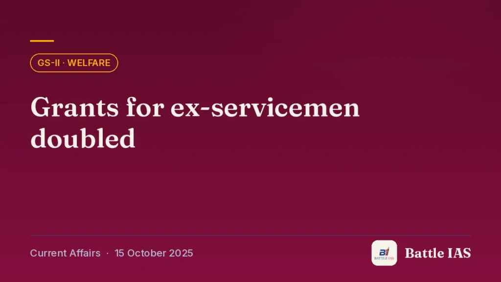 Battle IAS current affairs title card: Grants for ex-servicemen doubled (GS2 · Welfare, 15 October 2025)