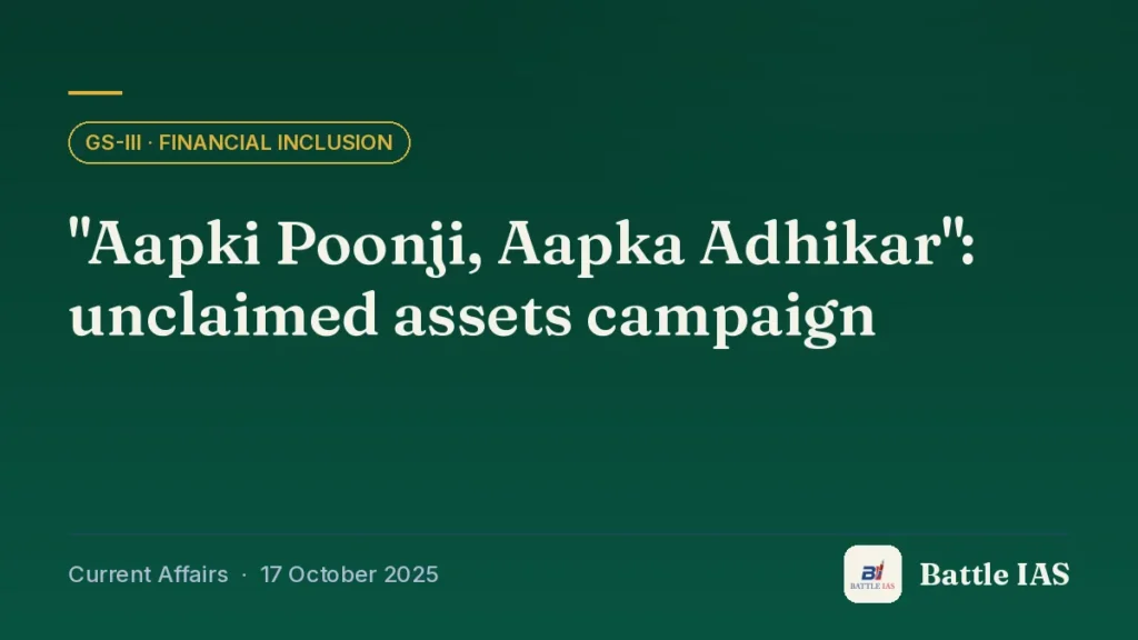 Battle IAS current affairs title card: "Aapki Poonji, Aapka Adhikar": unclaimed assets campaign (GS3 · Financial inclusion, 17 October 2025)