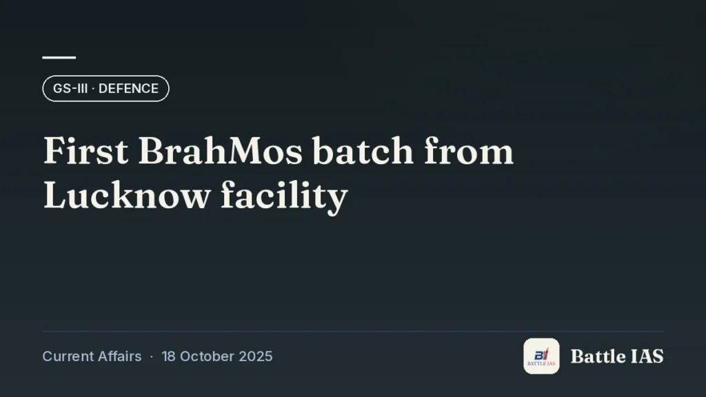 Battle IAS current affairs title card: First BrahMos batch from Lucknow facility (GS3 · Defence, 18 October 2025)