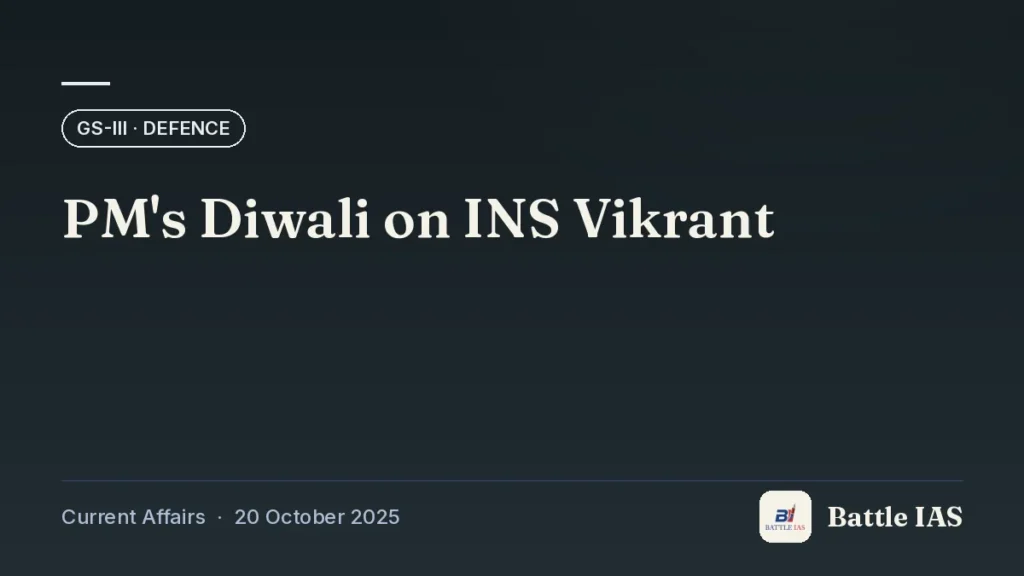 Battle IAS current affairs title card: PM's Diwali on INS Vikrant (GS3 · Defence, 20 October 2025)