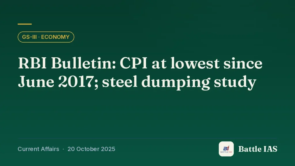 Battle IAS current affairs title card: RBI Bulletin: CPI at lowest since June 2017; steel dumping study (GS3 · Economy, 20 October 2025)