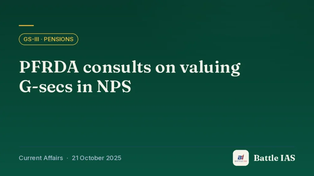 Battle IAS current affairs title card: PFRDA consults on valuing G-secs in NPS (GS3 · Pensions, 21 October 2025)