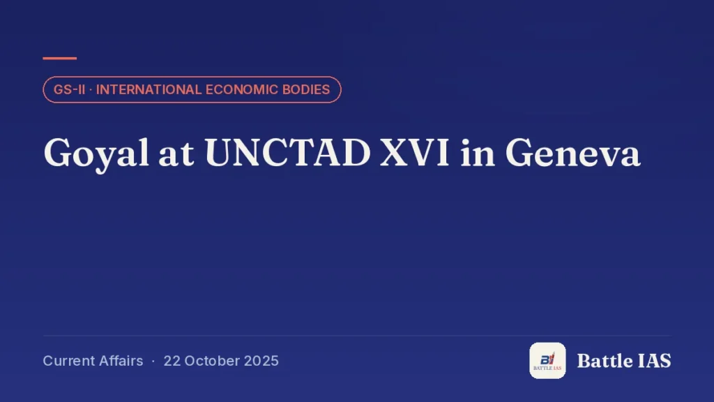 Battle IAS current affairs title card: Goyal at UNCTAD XVI in Geneva (GS2 · International economic bodies, 22 October 2025)
