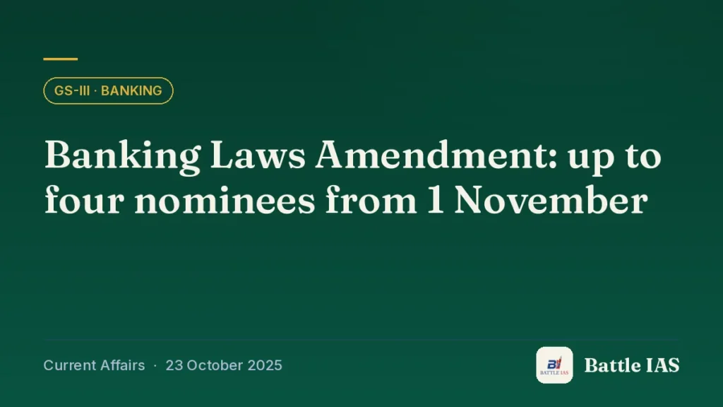 Battle IAS current affairs title card: Banking Laws Amendment: up to four nominees from 1 November (GS3 · Banking, 23 October 2025)