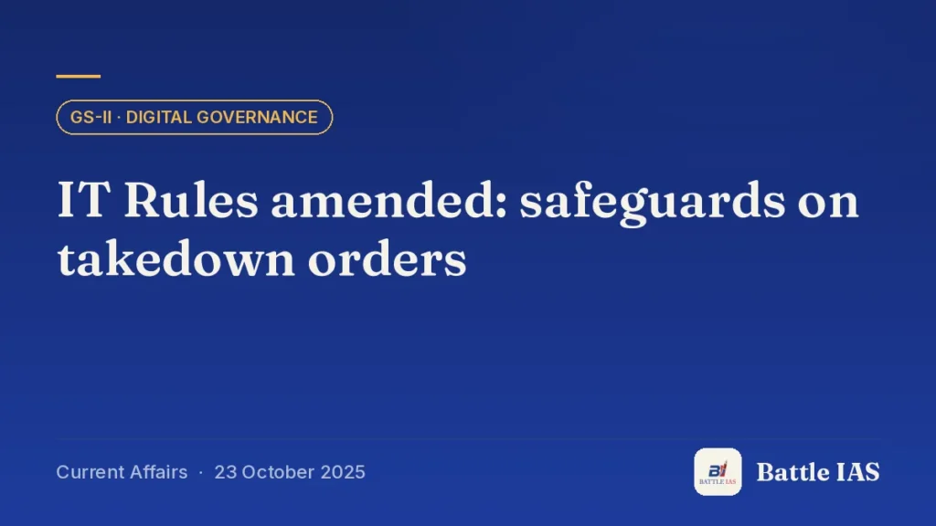 Battle IAS current affairs title card: IT Rules amended: safeguards on takedown orders (GS2 · Digital governance, 23 October 2025)