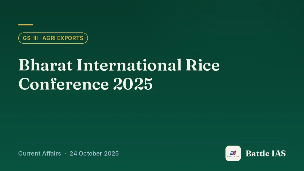 Battle IAS current affairs title card: Bharat International Rice Conference 2025 (GS3 · Agri exports, 24 October 2025)