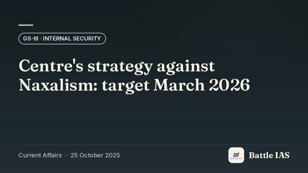 Battle IAS current affairs title card: Centre's strategy against Naxalism: target March 2026 (GS3 · Internal security, 25 October 2025)