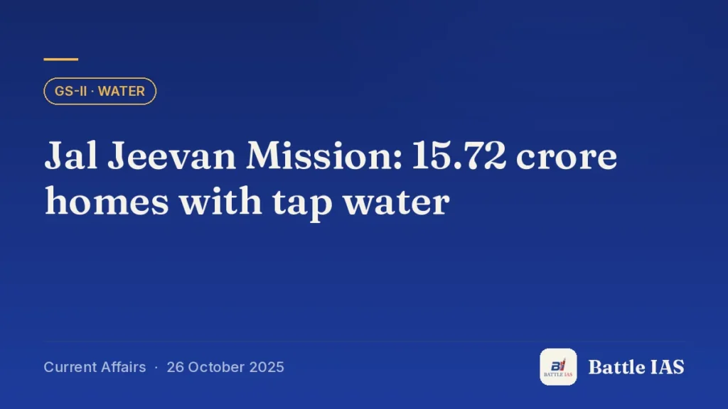 Battle IAS current affairs title card: Jal Jeevan Mission: 15.72 crore homes with tap water (GS2 · Water, 26 October 2025)