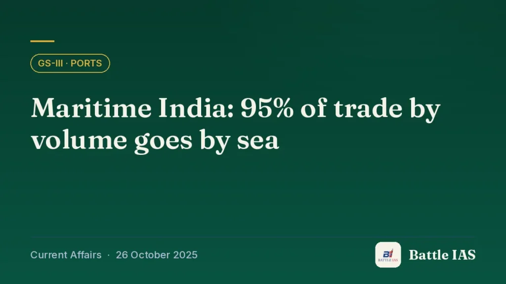 Battle IAS current affairs title card: Maritime India: 95% of trade by volume goes by sea (GS3 · Ports, 26 October 2025)