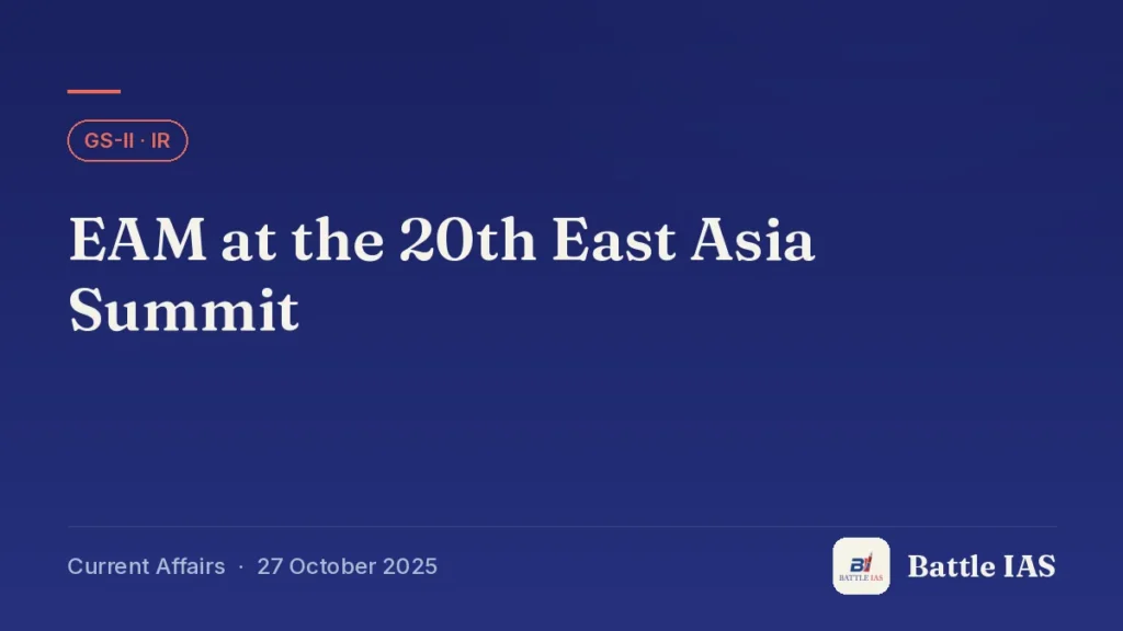 Battle IAS current affairs title card: EAM at the 20th East Asia Summit (GS2 · IR, 27 October 2025)