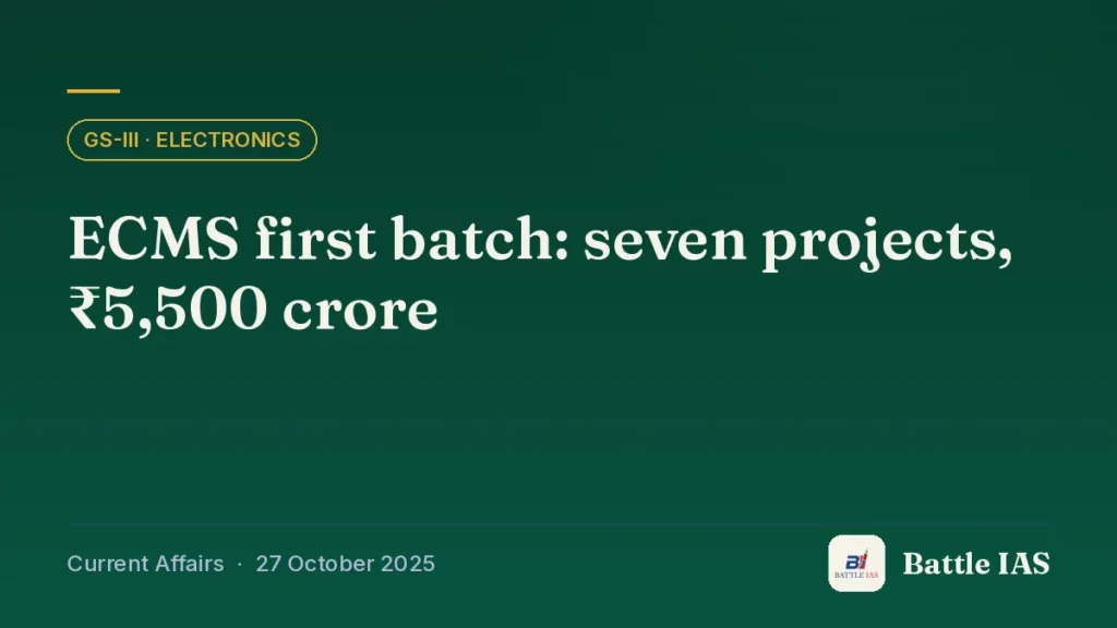 Battle IAS current affairs title card: ECMS first batch: seven projects, ₹5,500 crore (GS3 · Electronics, 27 October 2025)
