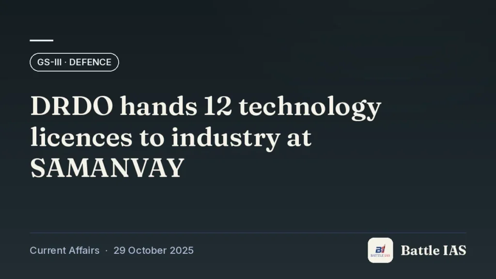 Battle IAS current affairs title card: DRDO hands 12 technology licences to industry at SAMANVAY (GS3 · Defence, 29 October 2025)