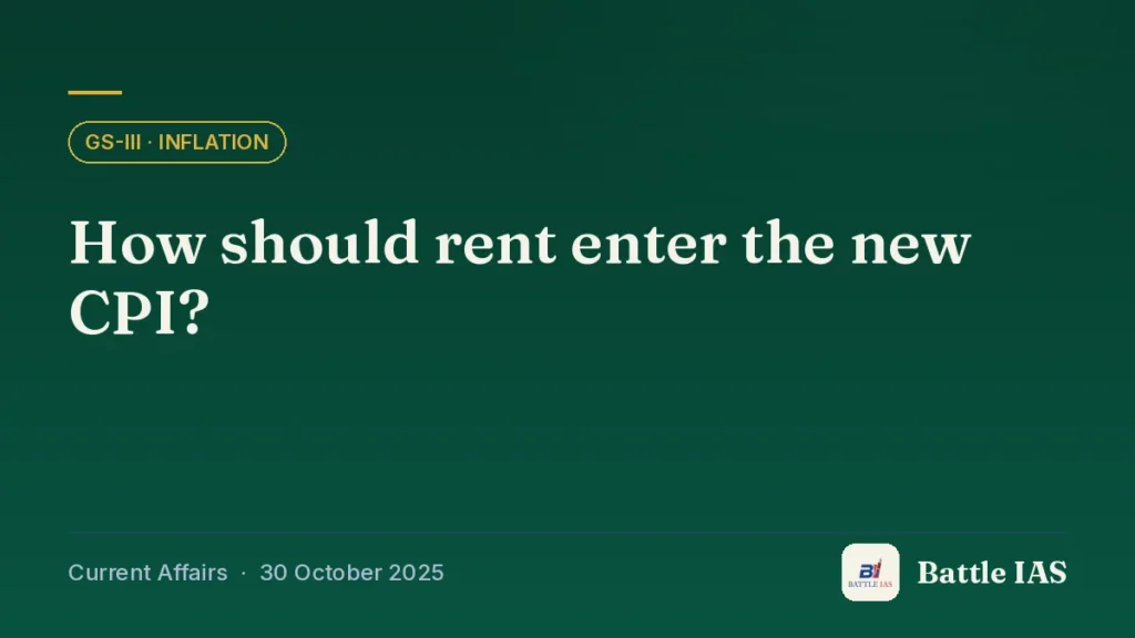 Battle IAS current affairs title card: How should rent enter the new CPI? (GS3 · Inflation, 30 October 2025)
