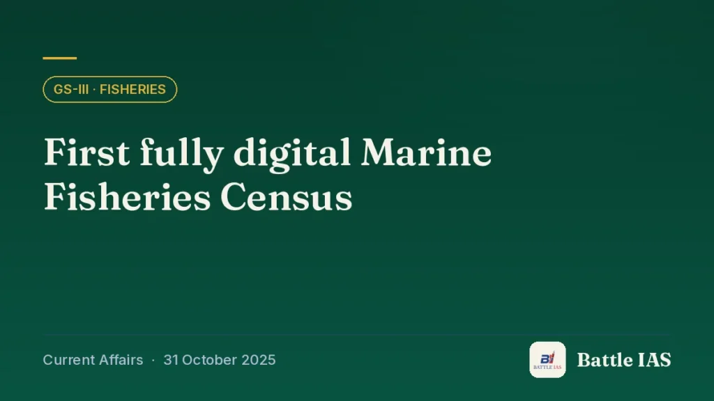 Battle IAS current affairs title card: First fully digital Marine Fisheries Census (GS3 · Fisheries, 31 October 2025)